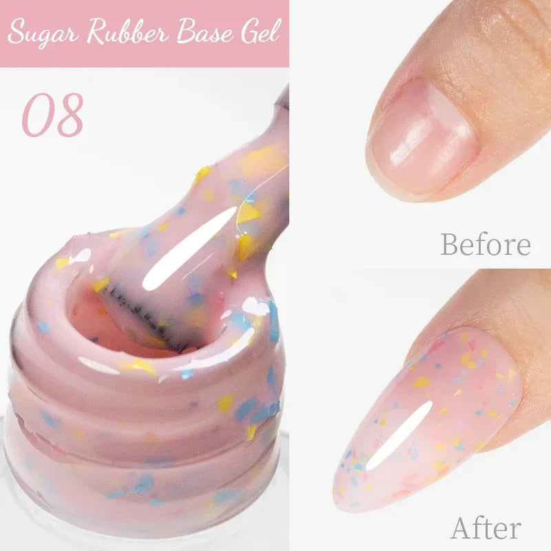 Sugar Rubber Base Gel 08: sheer pink gel polish with multicolored flecks applied to a natural nail.