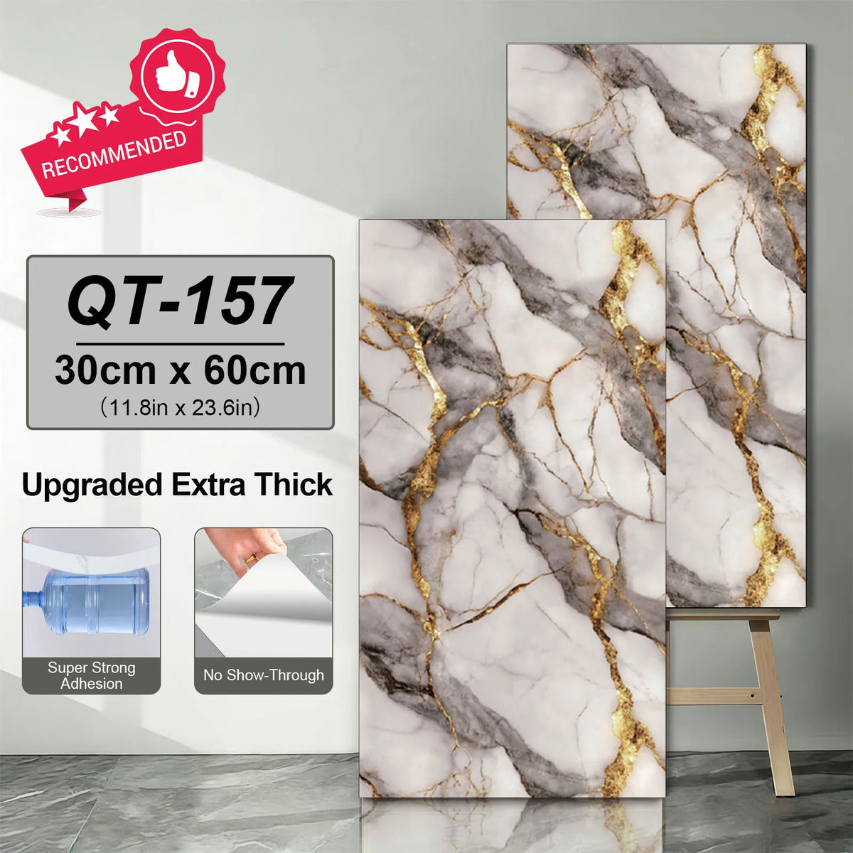 Marble-look self-adhesive vinyl floor tile stickers with gold veining, 30x60 cm sheets.