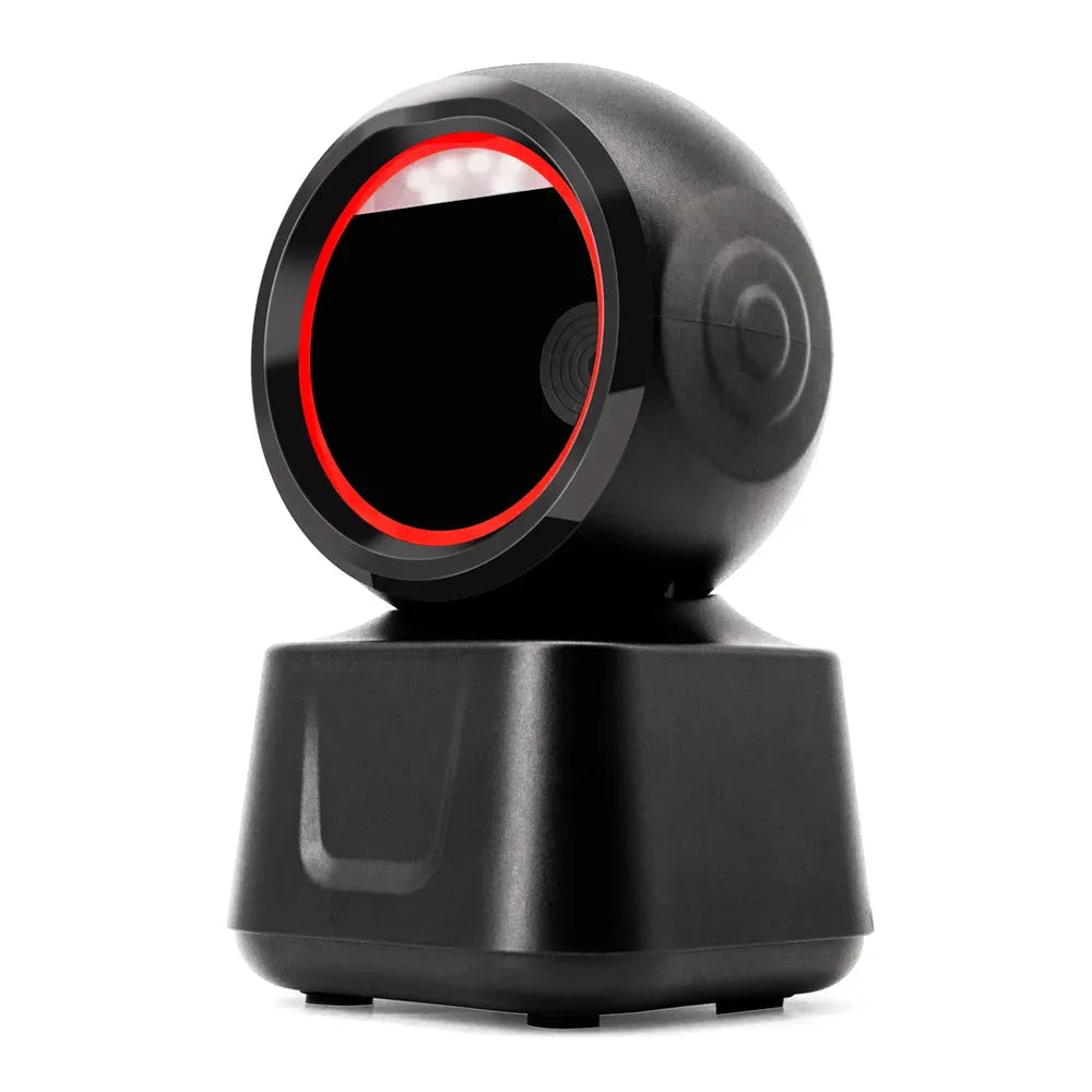 Black desktop barcode scanner dock with red illuminated scanning ring