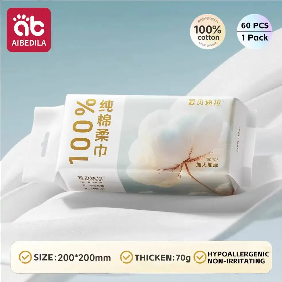 AIBEDILA baby care: 60-count pack of 100% cotton soft baby wipes, hypoallergenic, thickened, 200x200mm size.