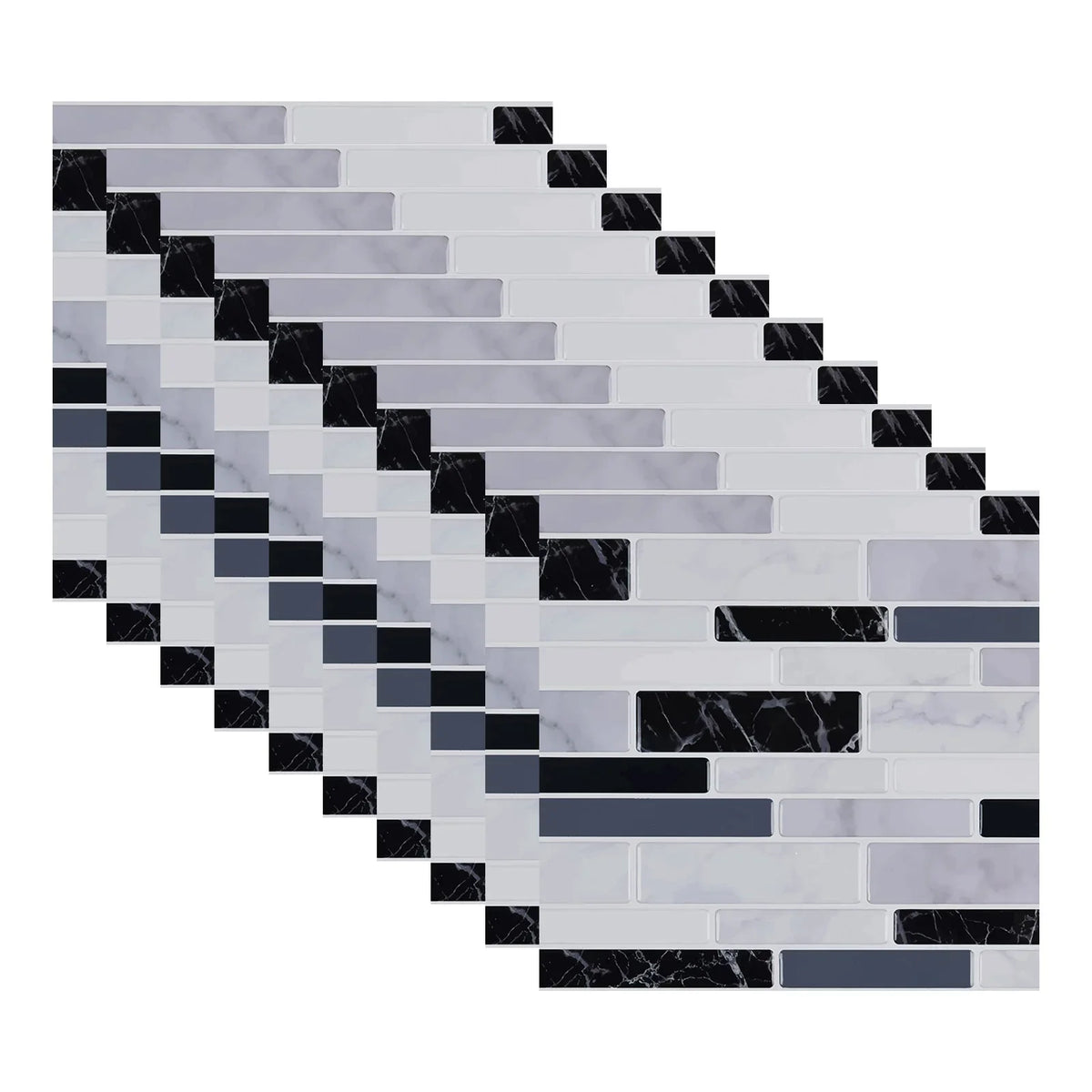 Self-adhesive 3D brick tile sticker close-up, white and dark marble brick pattern
