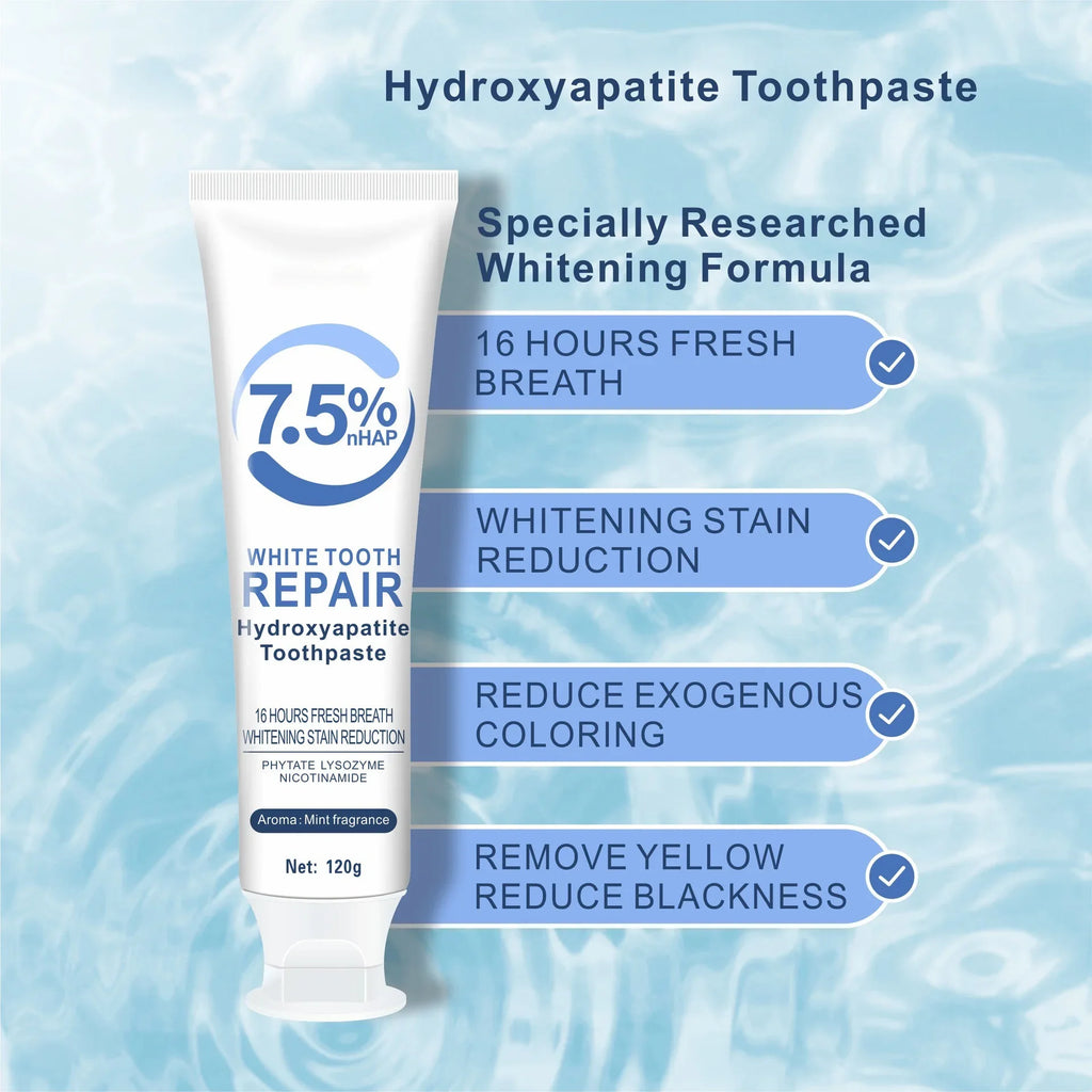 Tidesmit 120g HAP Toothpaste with 7.5% Hydroxyapatite for enamel repair, remineralization, and teeth whitening.