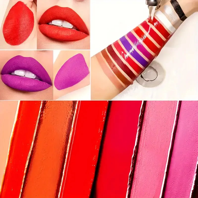 25-color waterproof lipstick palette with vivid matte pigment swatches, showing long-lasting, smudge-proof lip makeup.