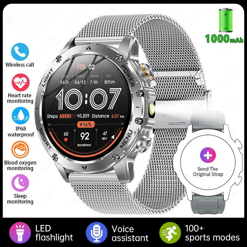 Men's silver smartwatch with mesh metal band and round digital dial