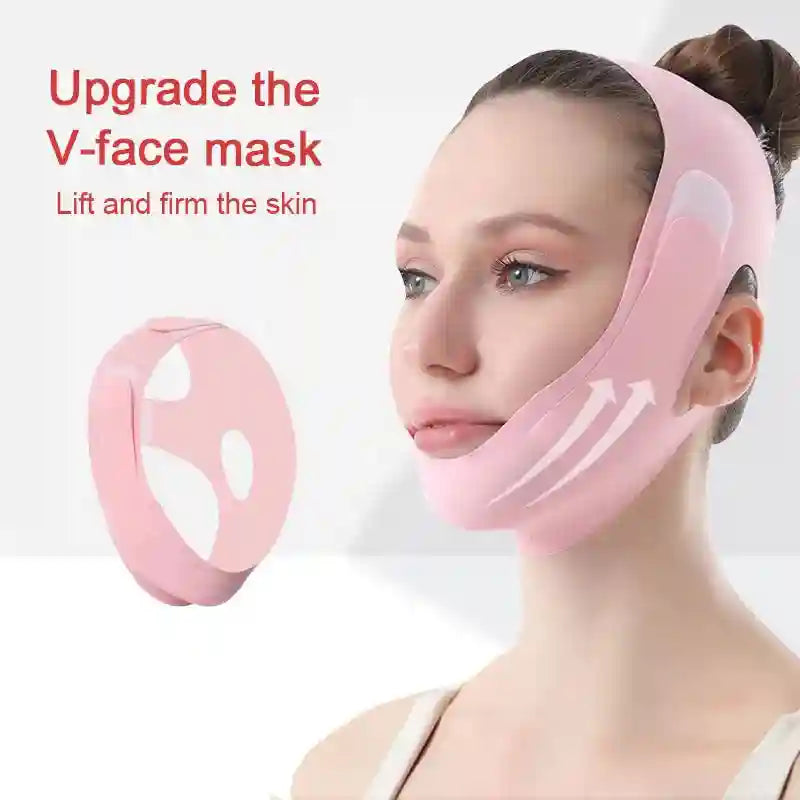 Pink V-line face slimming bandage for chin and cheek lifting, an adjustable facial massage beauty skin care tool.