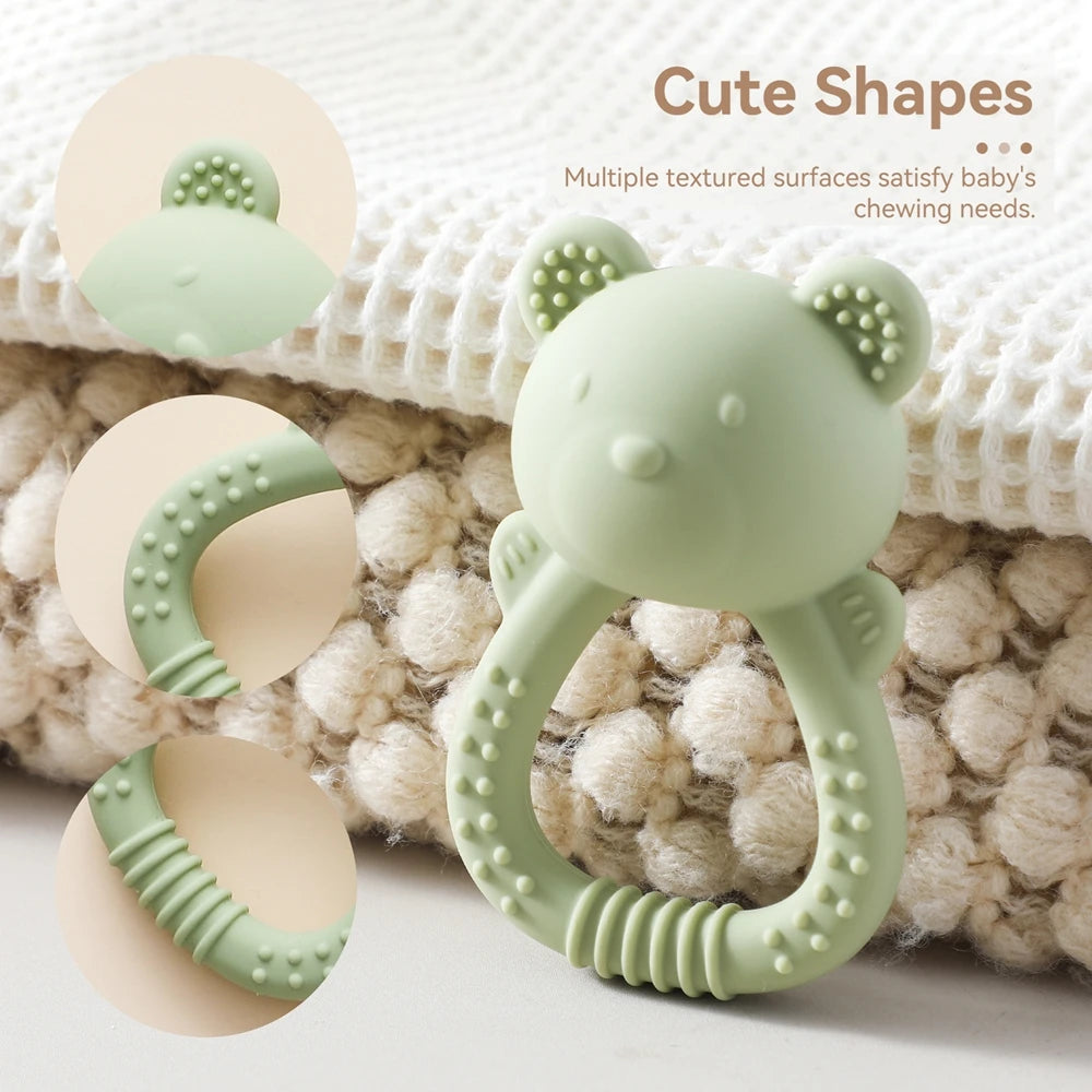 Baby Silicone Teether Bear Hand Bell Food Grade Teether Toys Rattle Baby 0-12 Months Silicone Sensory Toys Silicone Teething Toy
