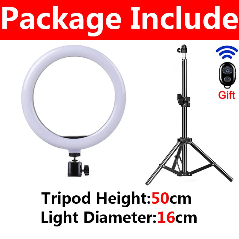 16cm white circular LED ring light with a 50cm black metal tripod stand and a wireless remote shutter for photography.