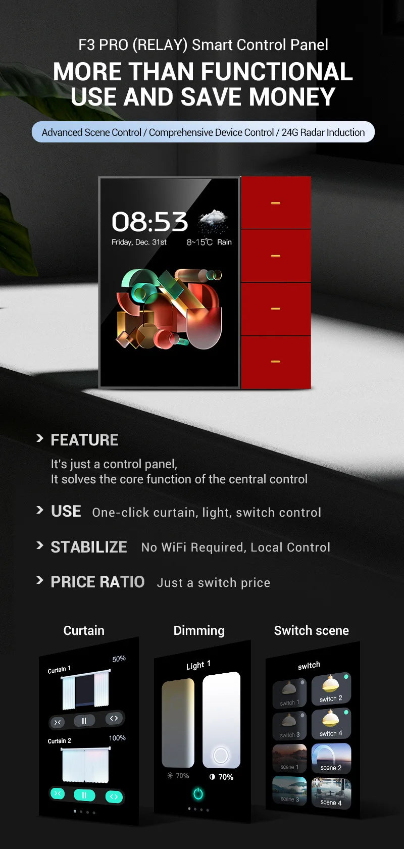 Tuya Zigbee 3.5 Inch Smart Wall Switch Touch Screen 4 Groups Switch 8-way Scene Radar Sensor Dimming Switch Curtain Smart Home