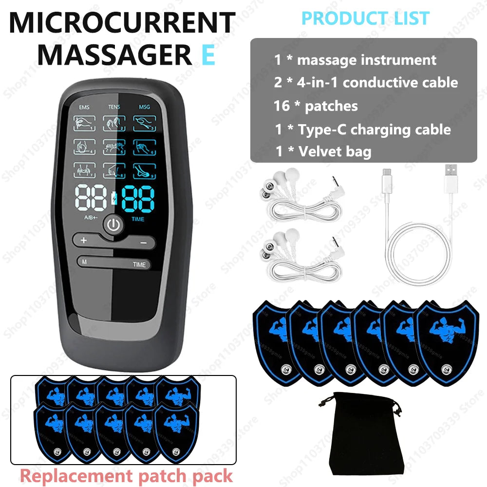 Black handheld microcurrent massager with digital display, conductive cables, sixteen muscle patches, and velvet bag.
