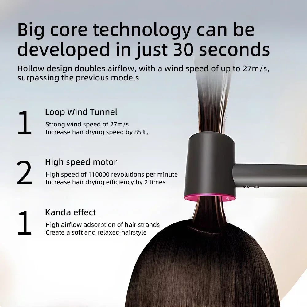 Dark grey high-speed negative ion hair dryer with bladeless loop design for fast, silent hair drying and styling.