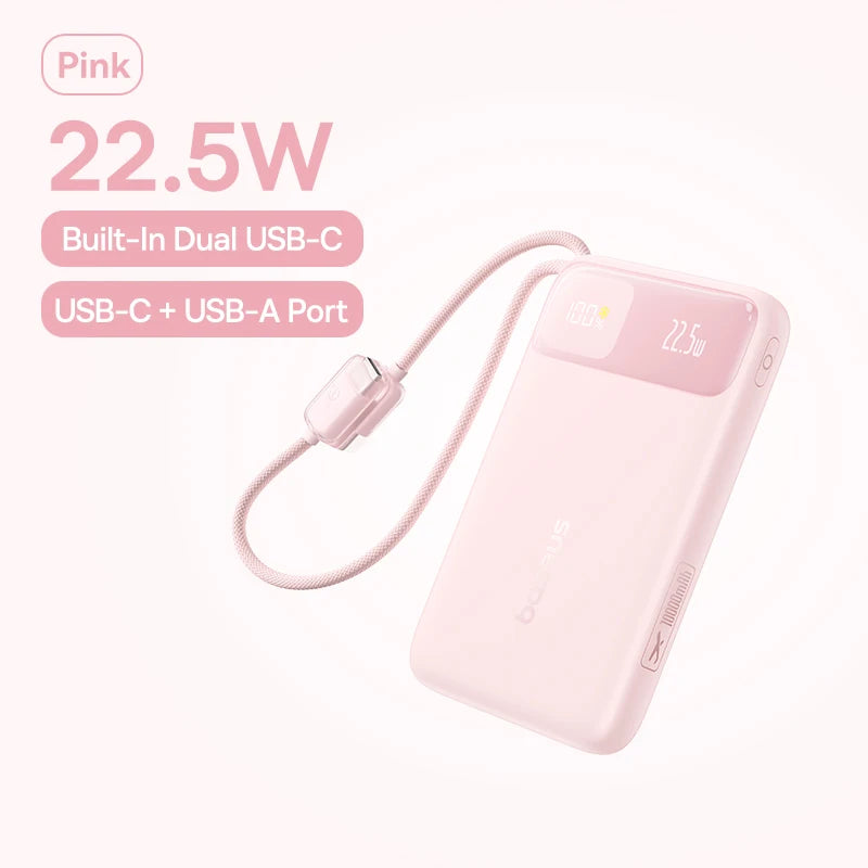 Pink 10,000mAh portable power bank with a digital display, integrated USB-C cable, and additional USB-A output port.