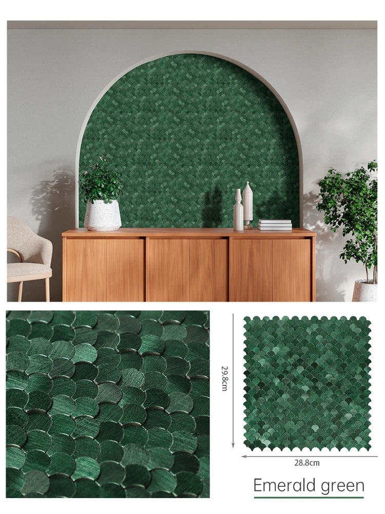 Fan-shaped peel-and-stick backsplash tiles, emerald green scallop texture