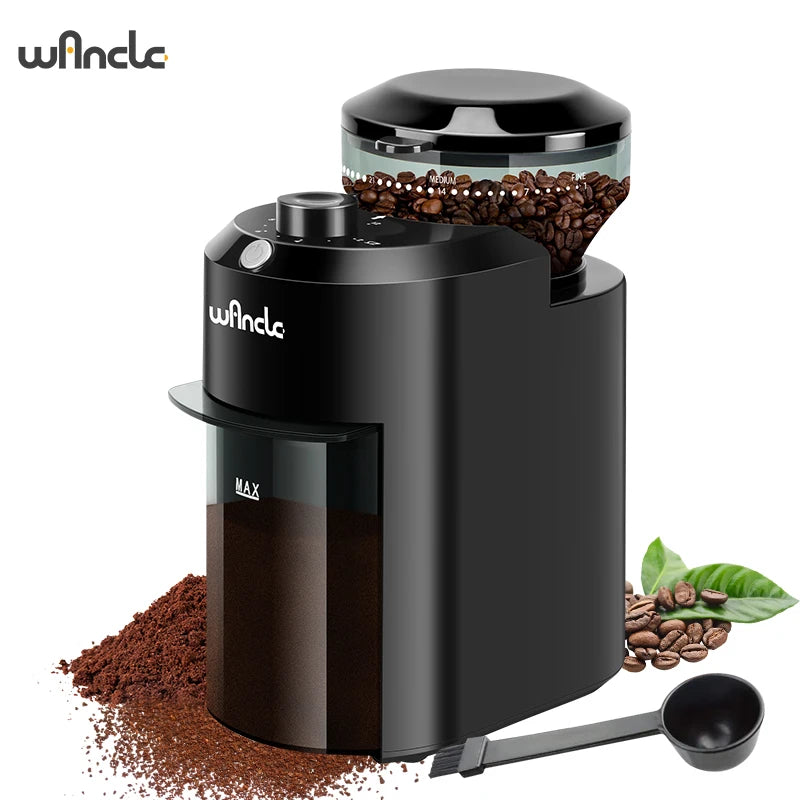 Winlce black electric burr coffee grinder with adjustable grind settings and clear bean hopper on white background.