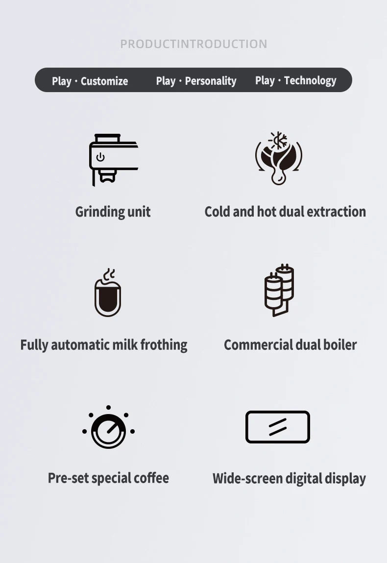 Coffee machine features infographic: grinding unit, cold/hot extraction, auto frothing, dual boiler, and digital display.