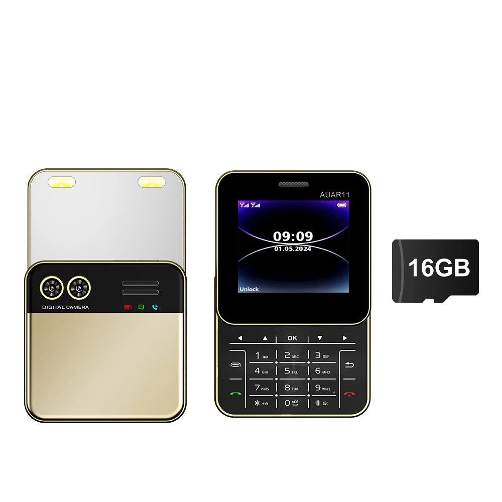 Side-slider dual SIM smartphone set: light gold back and black front, with 16GB badge