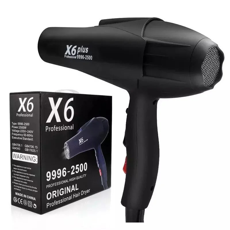 Black X6 professional 2500W hair dryer with matte finish and box, high-power fast drying salon hair dryer.