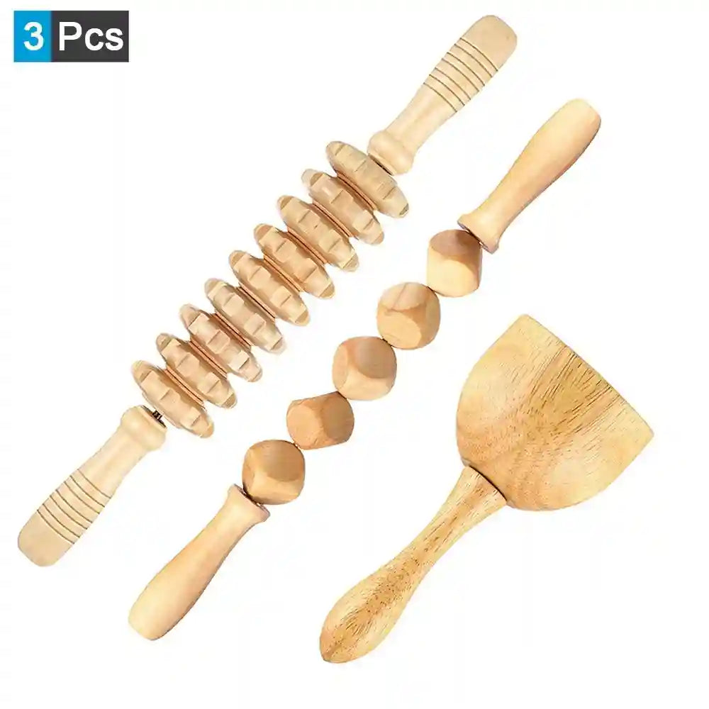 Wood Therapy Massage Roller - Professional Anti Cellulite Guasha Tool Massage Roller 3Pcs 1 Tidesmit