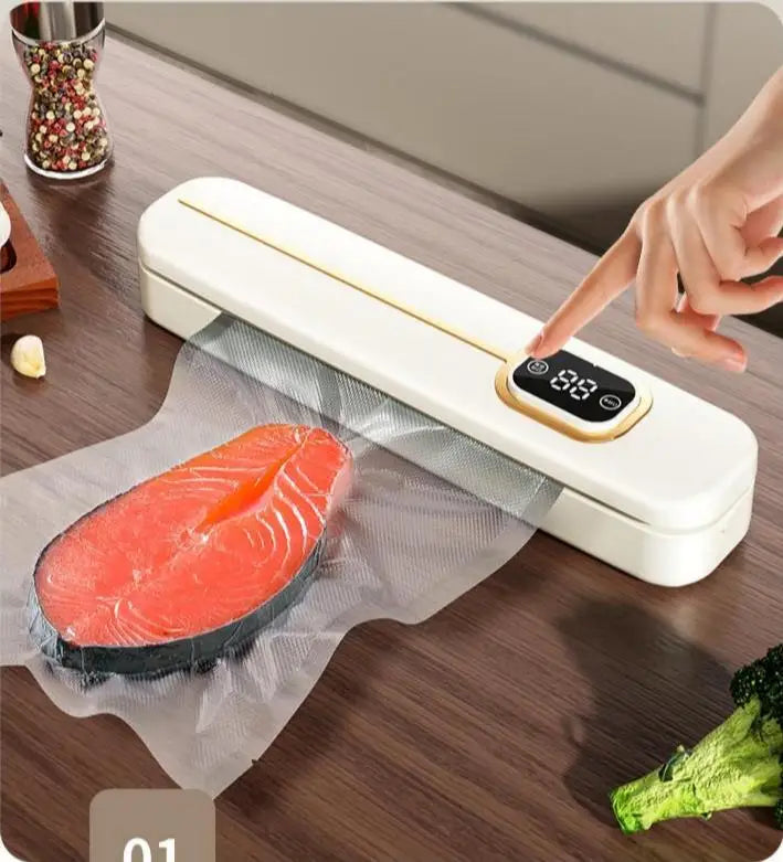 Automatic vacuum sealer machine sealing food in clear bag, white body