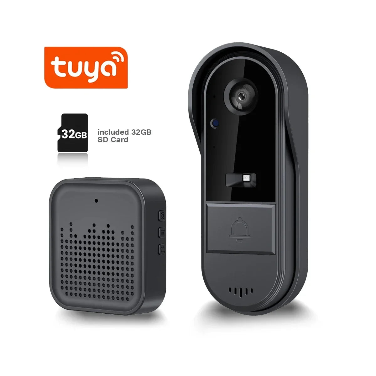 Tuya black doorbell camera kit with square chime and included 32GB microSD card
