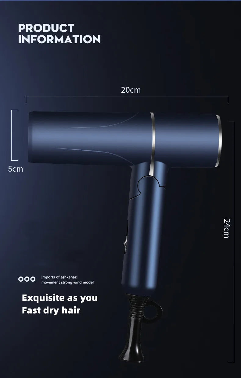 Blue foldable 1200W negative ion hair dryer with dimensions for travel, dormitory, and fast drying.