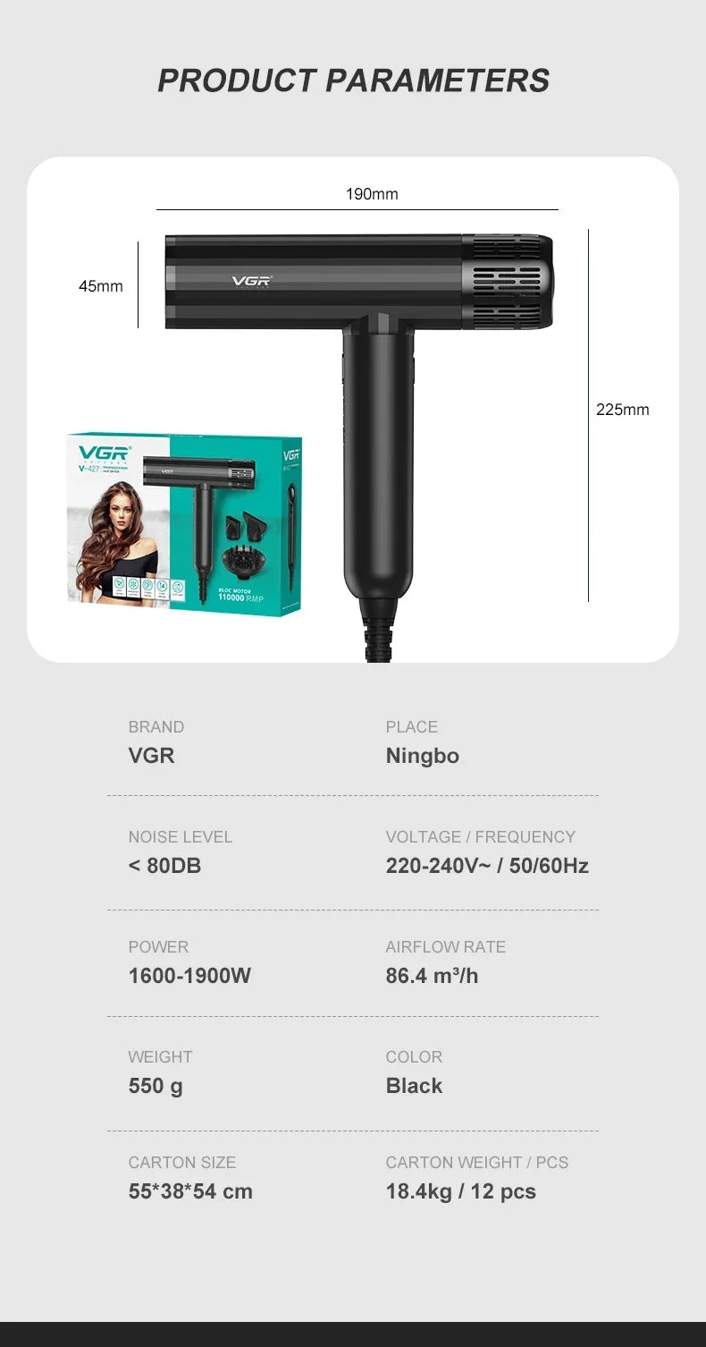 VGR V-427 black leafless hair dryer with brushless motor, nozzle attachments, and technical product dimensions.