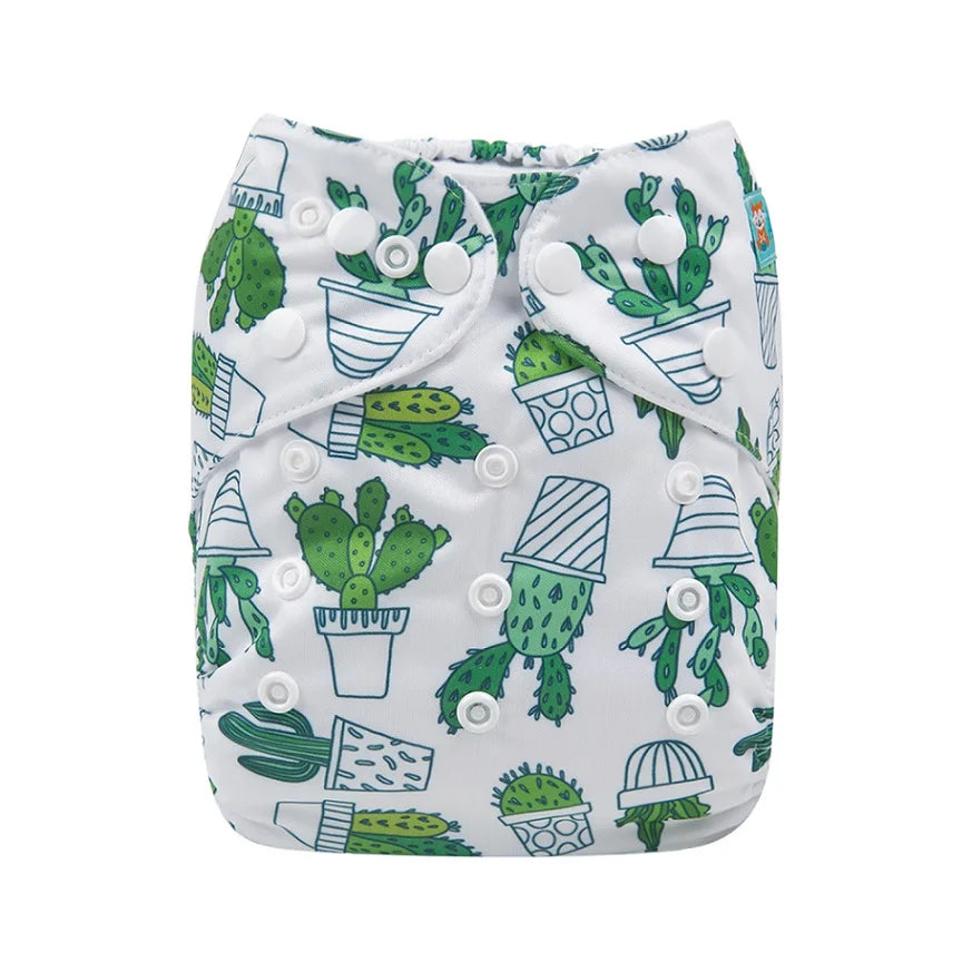 Reusable cactus print baby cloth diaper with adjustable snap buttons for infant care.