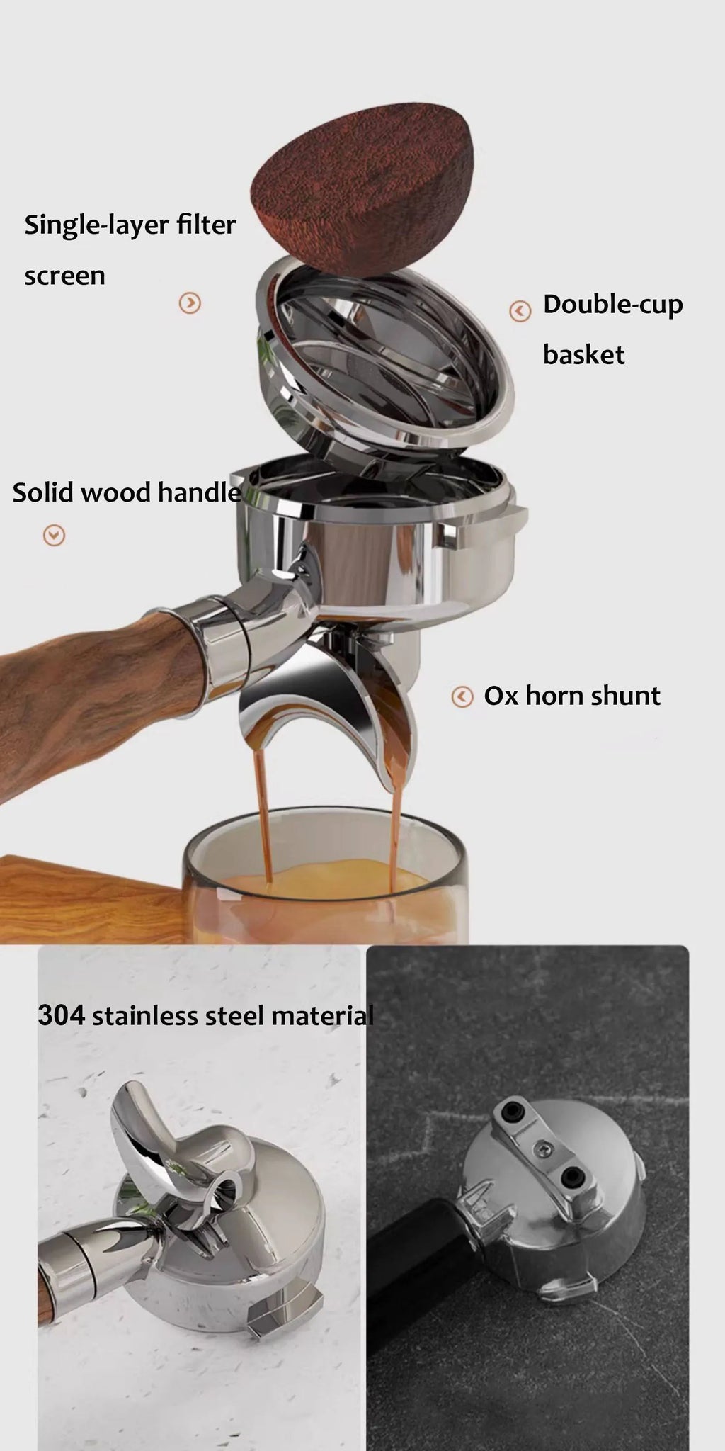 304 stainless steel coffee portafilter with solid wood handle, double-cup basket, and ox horn shunt for espresso.