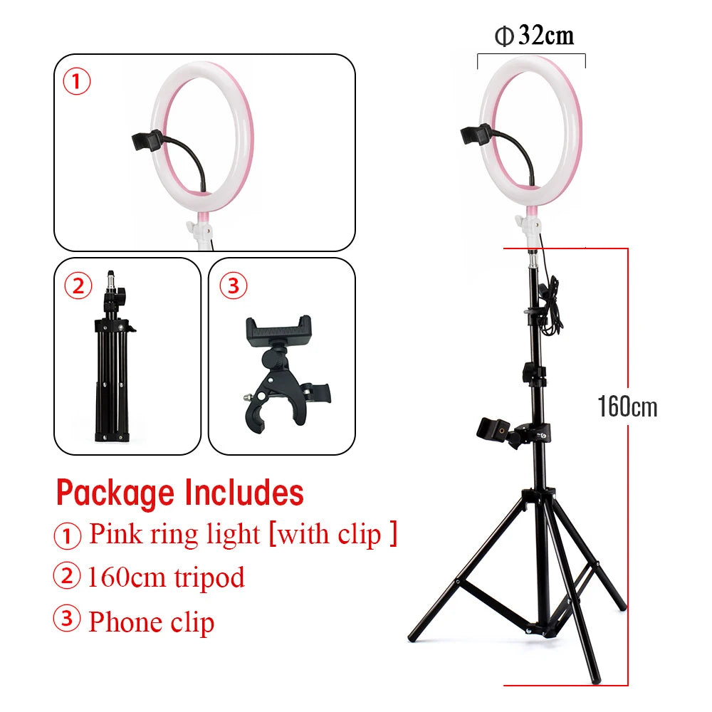 32cm pink ring light on a 160cm black tripod stand with a phone clip for photography and video recording.