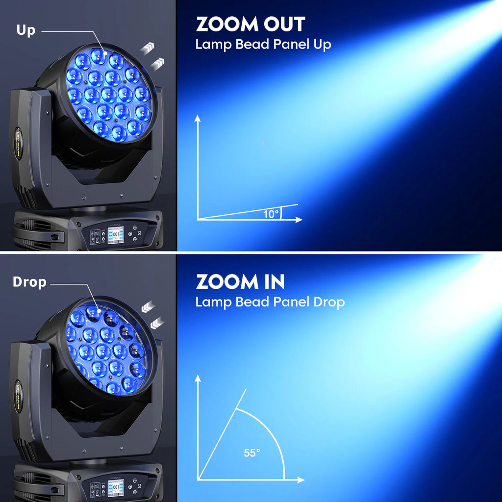 2PCS 19x15W Beam Moving Head Light RGBW LED Lighting Zoom Wash Lights DMX Stage Effect Lighting for Disco Party Concert Theater