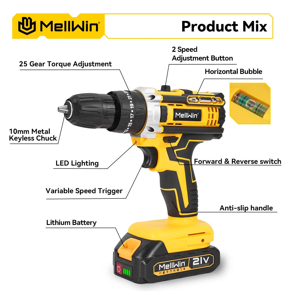 MELLWIN Cordless Electric Impact Drill Set 25+3 Torque Multipurpose Electric Screwdriver Power Tool For Makita 18V Battery Pin