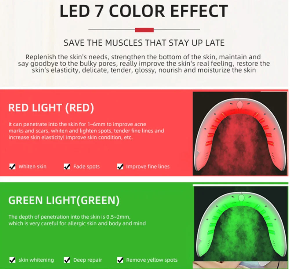 LED facial mask device shown with red and green light therapy modes to improve skin health and appearance.