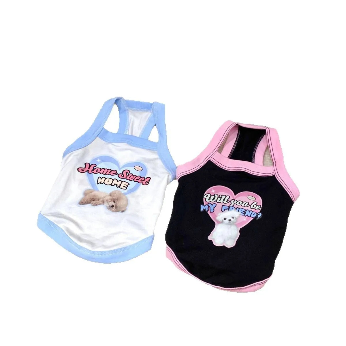 Cute blue and black puppy camisole vests with heart graphics, comfortable dog clothes for small breeds and teddy dogs.