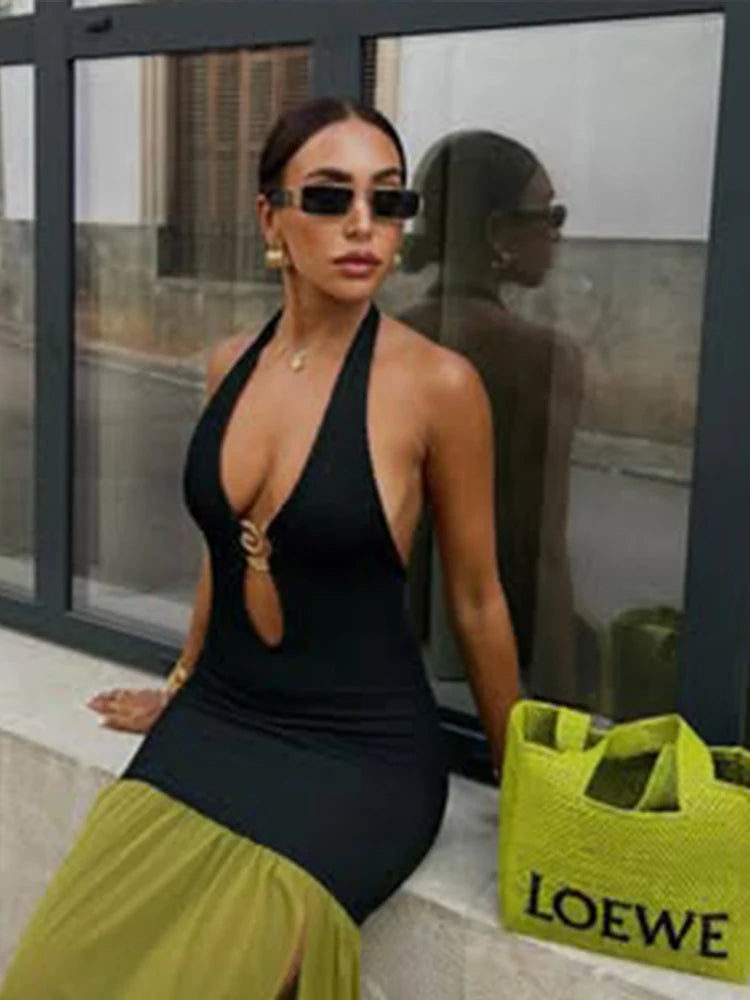 Kliou Halter Patchwork Maxi Dress Women Elegant Contrast Colors Draped Backless Low Neck Sheath Robe Mujer High Street Vestidos