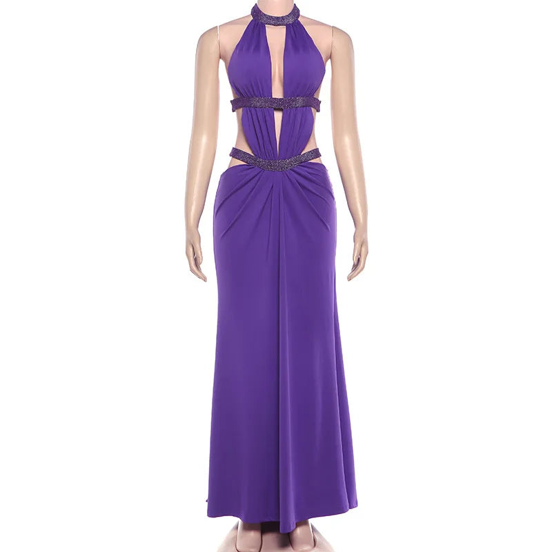 Sexy Women's Maxi Dress Halter Hollow Out Backless Sleeveless Ruched Evening Long Dresses Party Chic Robe Green Purple Summer