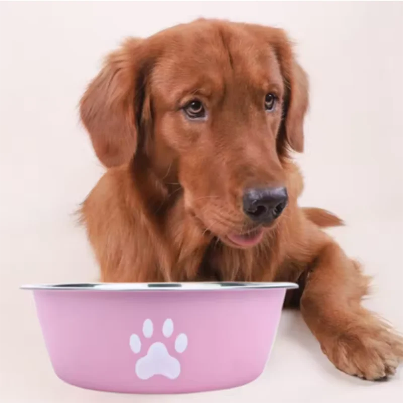 Large pink stainless steel dog bowl with paw print, anti-slip and rust-resistant, perfect for puppy feeding and water.