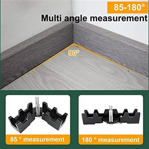 Bevel and miter measuring tool showing multi-angle corner guides