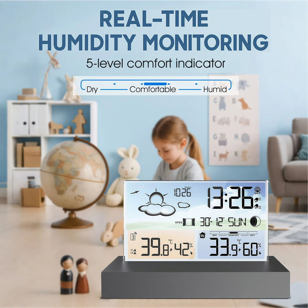 Indoor/Outdoor Weather Station With Alarm Clock – Accurate Thermometer, Hygrometer & 7-Day Forecast Calendar, For Desktop