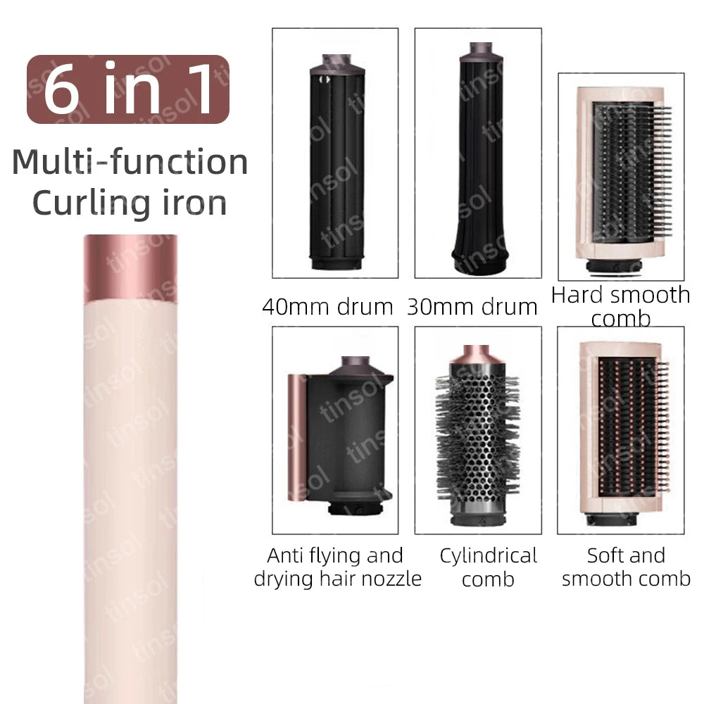 6-in-1 rose gold hair dryer set with curling barrels, smoothing brushes, and nozzle for high-speed ionic styling.