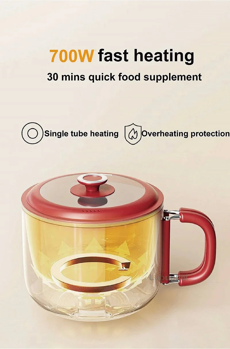 Red 2.5L electric cooking pot with glass lid and handle, 700W fast heating