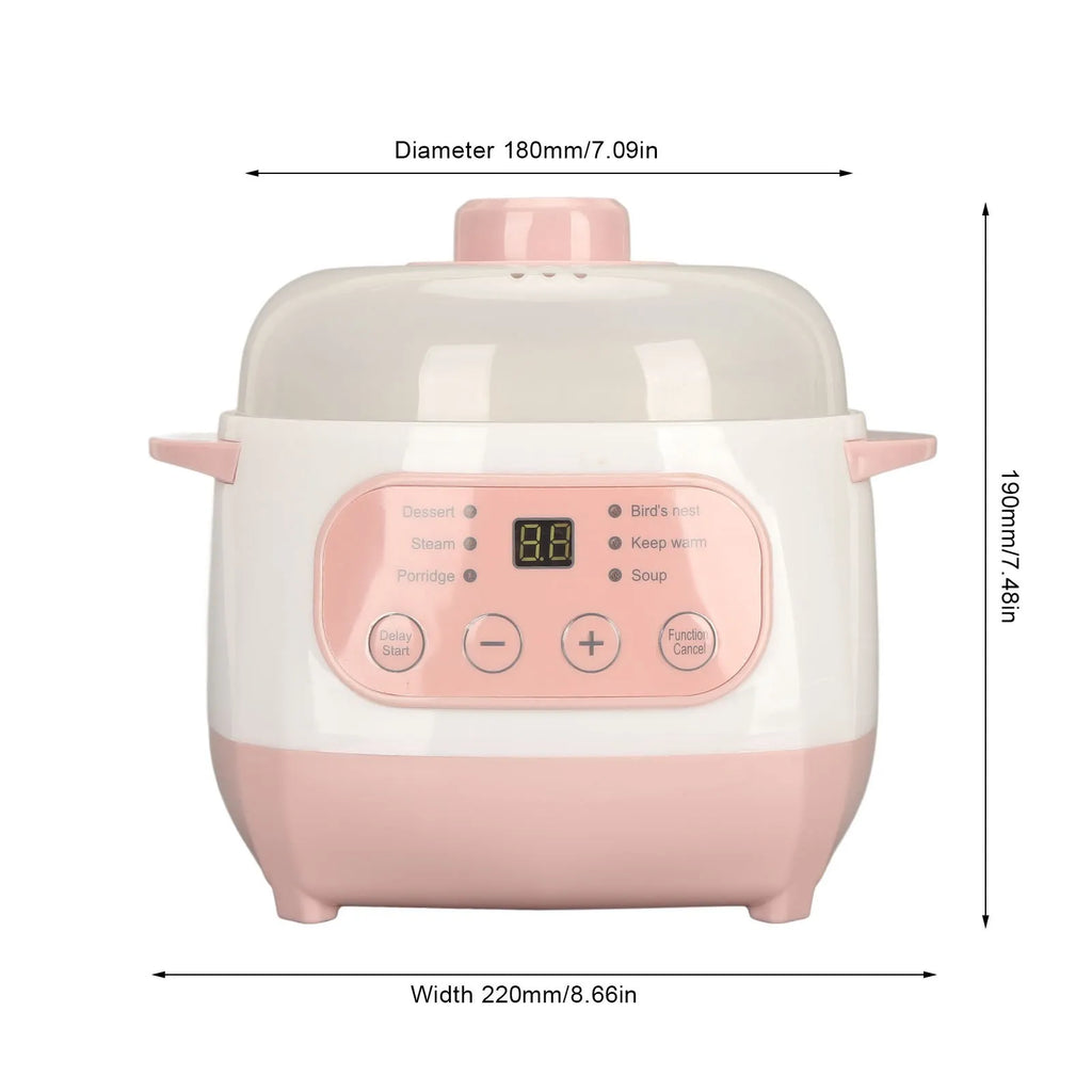 Pink and white mini electric rice cooker, front panel with digital display and cup size diagram