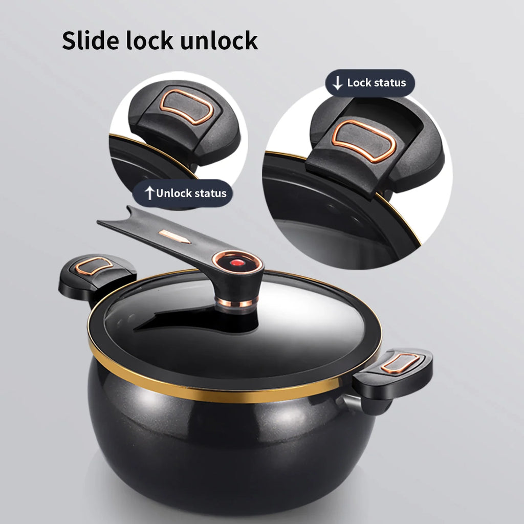 Black micro pressure cooker with glass lid, gold rim, and four slide-lock style handles