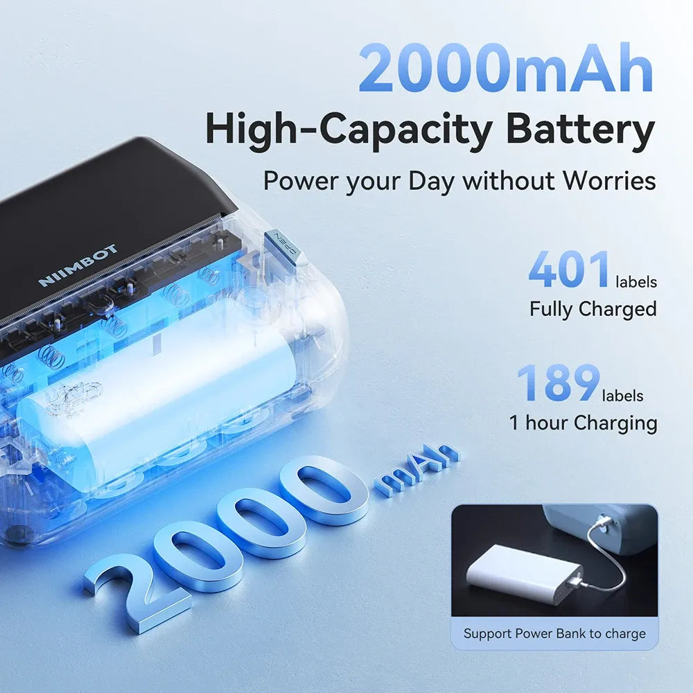 Thermal label printer with high-capacity battery for reliable label printing