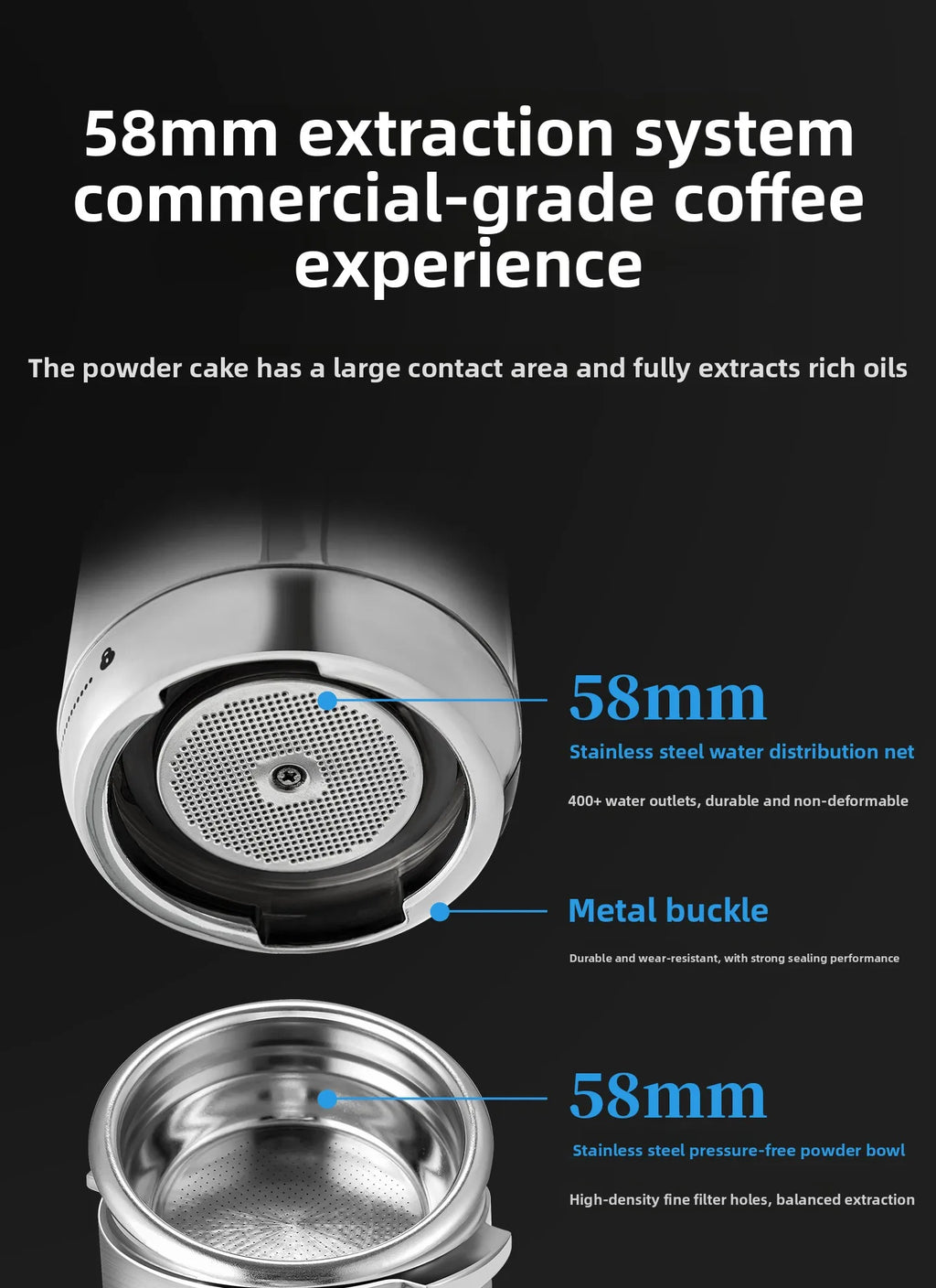 58mm commercial-grade stainless steel espresso coffee machine group head with distribution net and powder bowl.