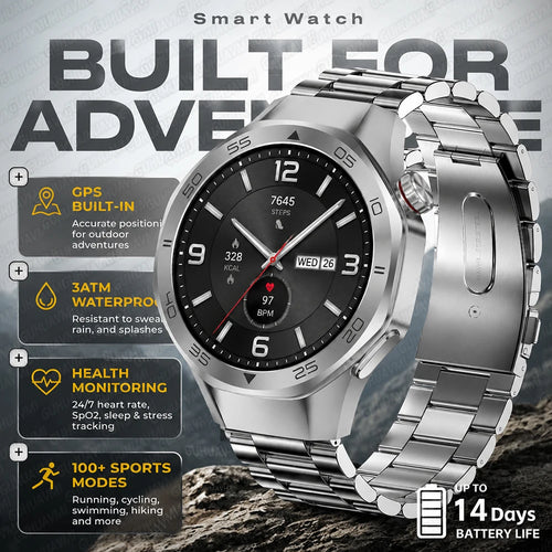 Silver smartwatch with black face and metal link bracelet, round display with heart icon.