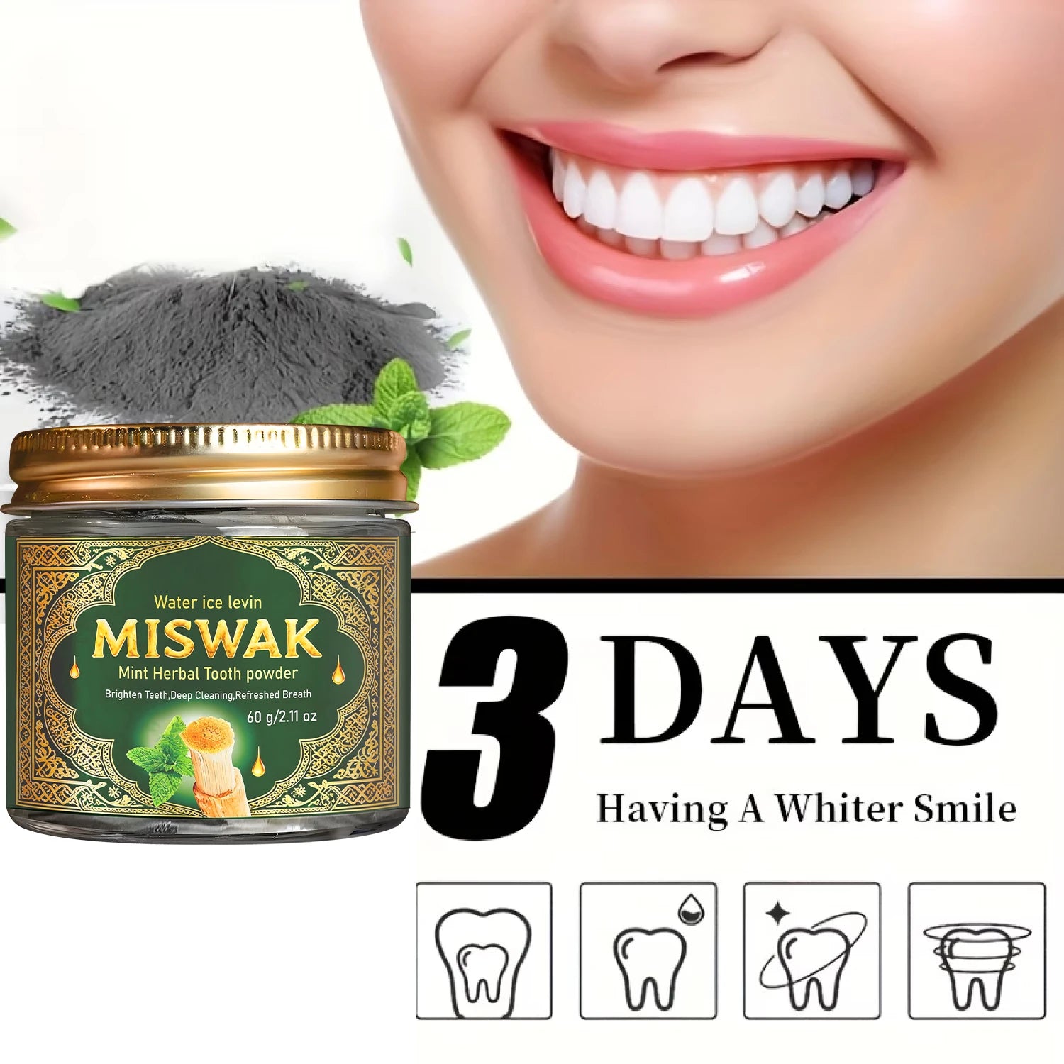 Tidesmit Miswak Mint herbal tooth powder for deep cleansing and natural teeth whitening with collagen.