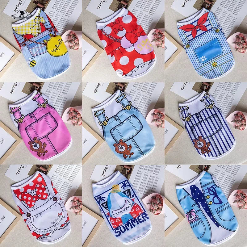 Cute cartoon puppy summer vest shirts for small dogs. Breathable, colorful pet clothes for Chihuahuas and Yorkies.