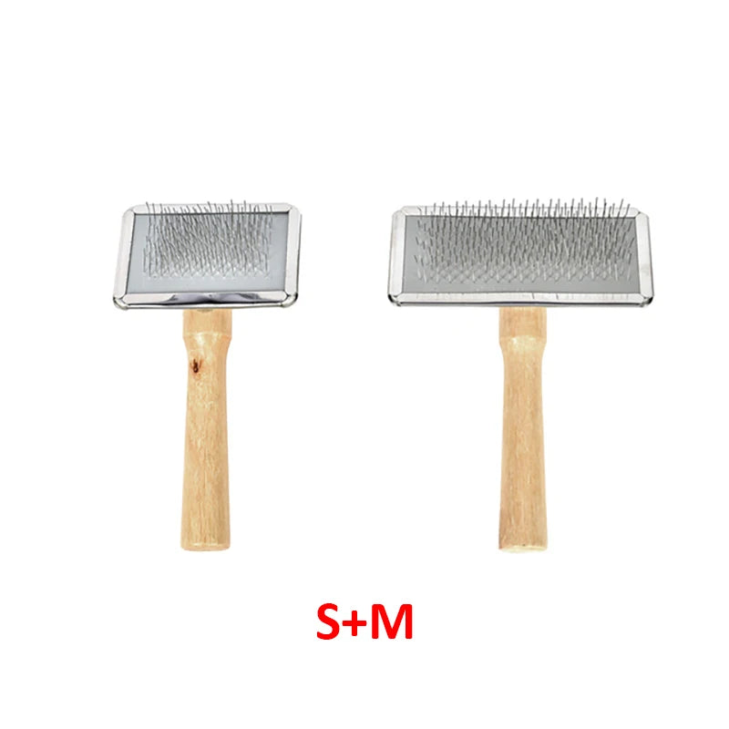 Dog and cat slicker brushes with wooden handles for grooming pet hair and removing lint from clothes, S+M set.