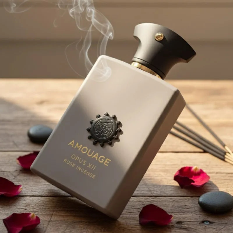 Amouage Opus XII Rose Incense EDP: Luxury men’s woody aromatic fragrance in an elegant, matte grey rectangular bottle.