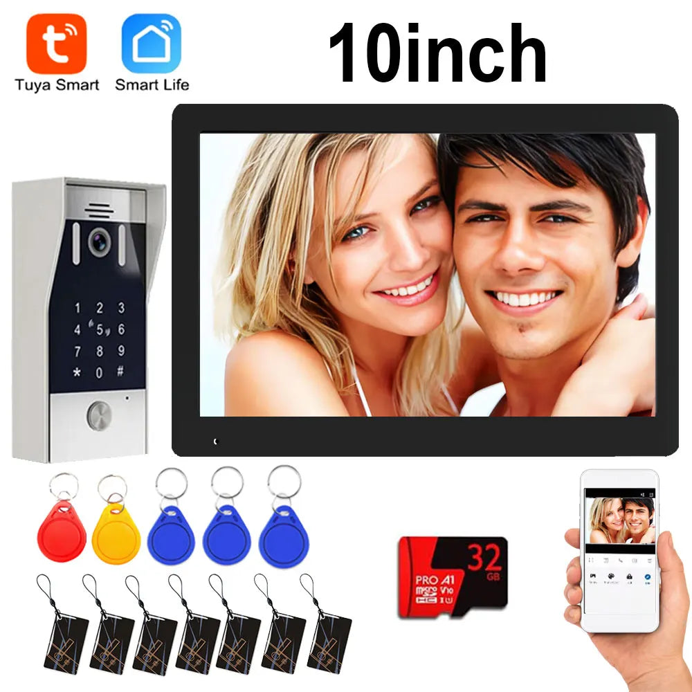 10-inch video intercom monitor with outdoor keypad door panel and key tags