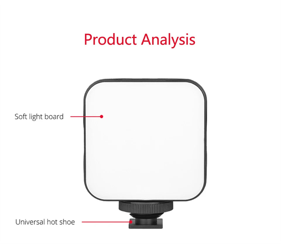 Square LED video light with a white soft light diffuser and a black universal hot shoe mount base.